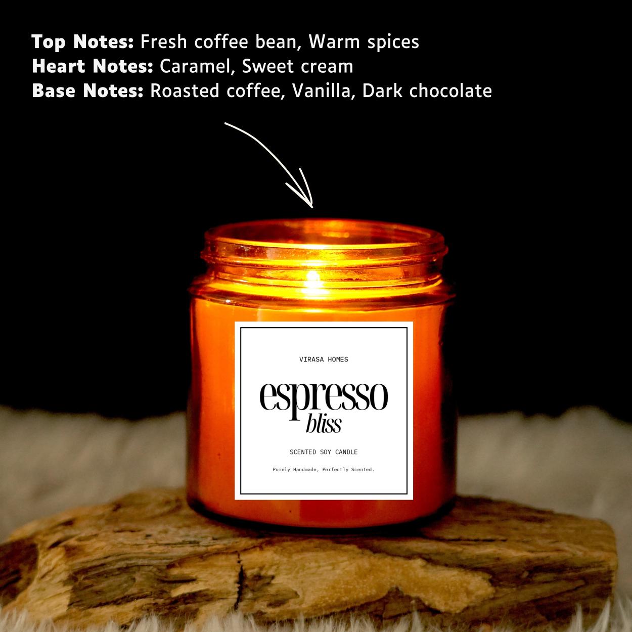 Virasa Homes Espresso Bliss Scented Candle | 8.3oz Natural 250ml Soy Wax Aromatherapy Candles | 50 Hours Long-Lasting Burn Time | Vegan | Meditation