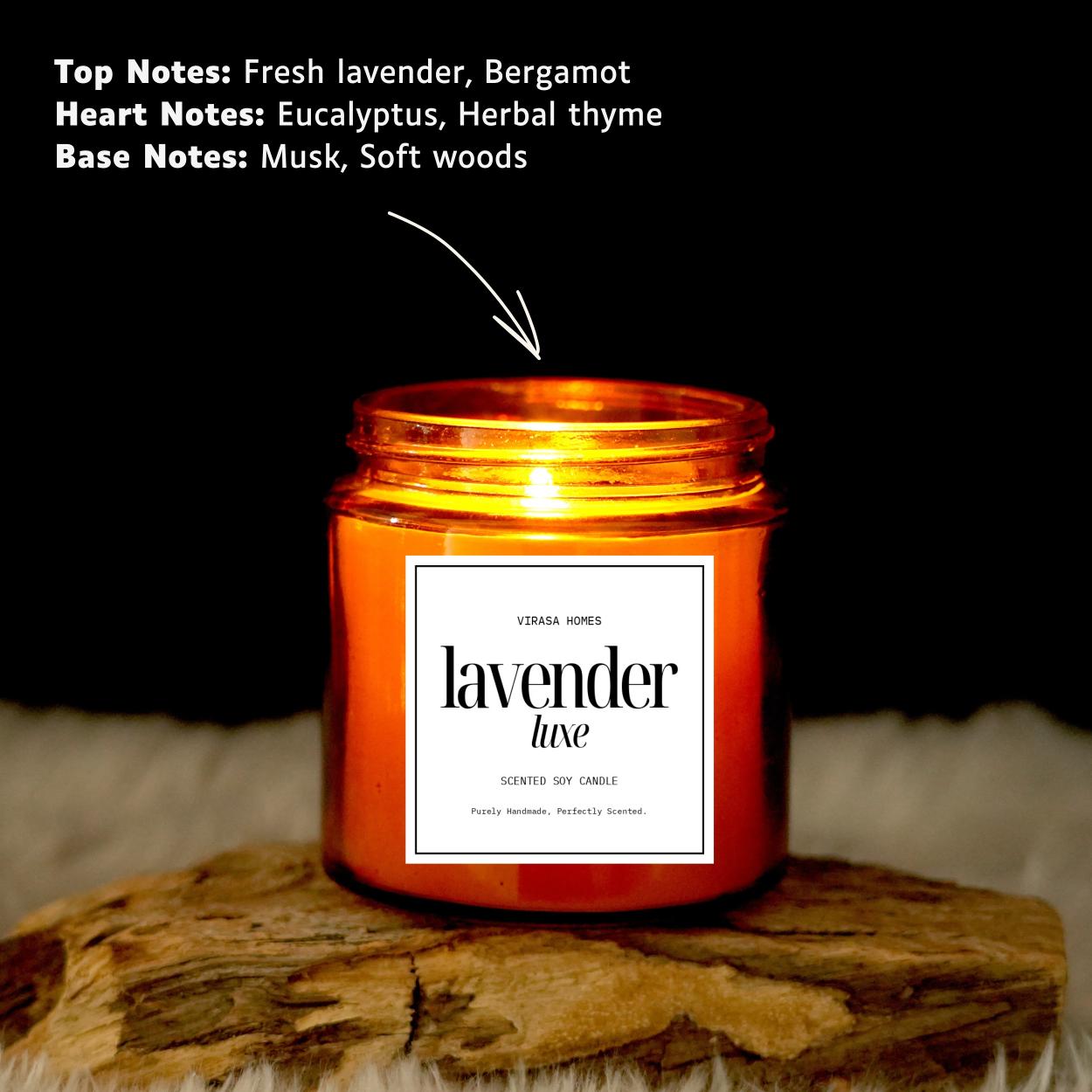 Virasa Homes Lavender Luxe Scented Candle | 8.3oz Natural 250ml Soy Wax Aromatherapy Candles | 50 Hours Long-Lasting Burn Time | Vegan | Meditation