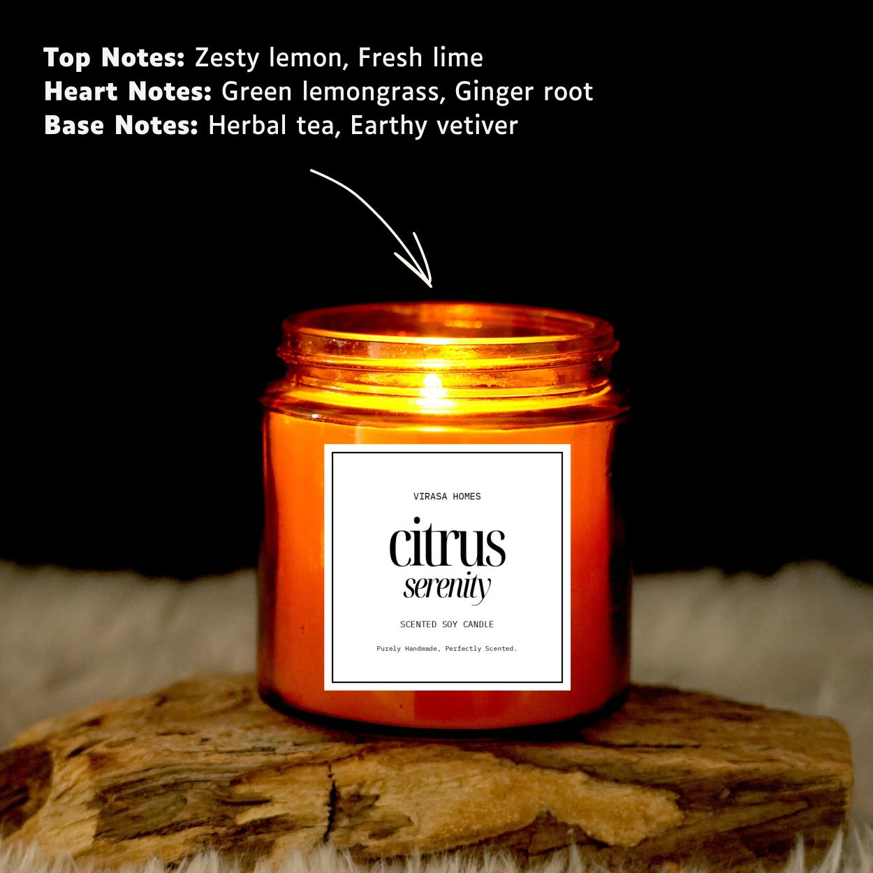 Virasa Homes Citrus Serenity Scented Candle | 8.3oz Natural 250ml Soy Wax Aromatherapy Candles | 50 Hours Long-Lasting Burn Time | Vegan | Meditation