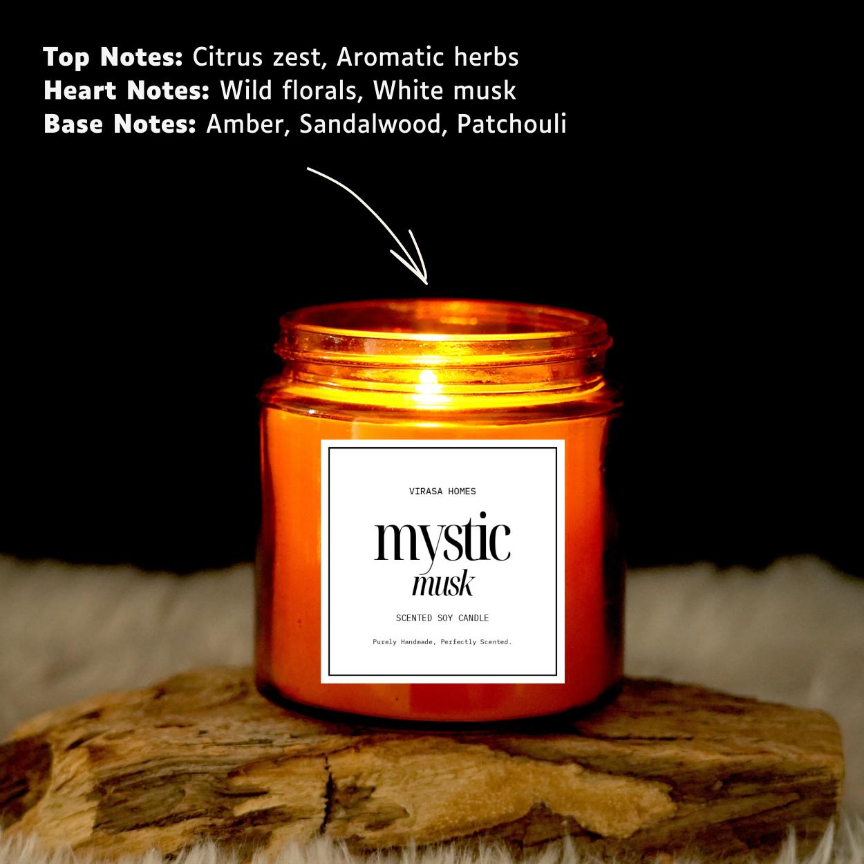 Virasa Homes Mystic Musk Scented Candle | 8.3oz Natural 250ml Soy Wax Aromatherapy Candles | 50 Hours Long-Lasting Burn Time | Vegan | Meditation