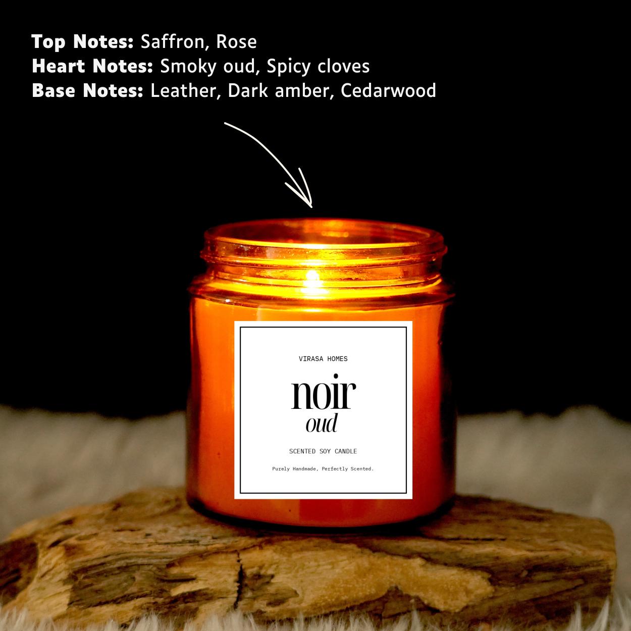 Virasa Homes Noir Oud Scented Candle | 8.3oz Natural 250ml Soy Wax Aromatherapy Candles | 50 Hours Long-Lasting Burn Time | Vegan | Meditation