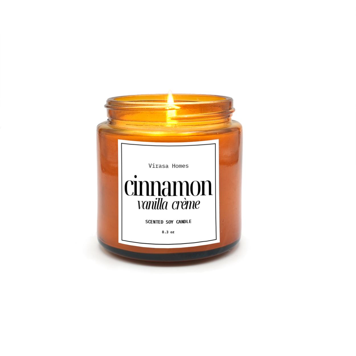 Virasa Homes Cinnamon Vanilla Scented Candle | 8.3oz Natural 250ml Soy Wax Aromatherapy Candles | 50 Hours Long-Lasting Burn Time | Vegan | Meditation