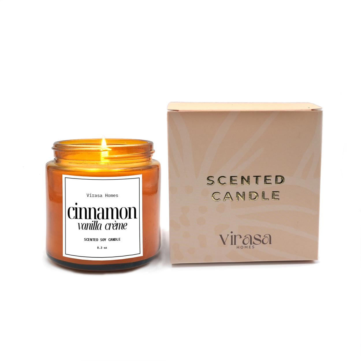 Virasa Homes Cinnamon Vanilla Scented Candle | 8.3oz Natural 250ml Soy Wax Aromatherapy Candles | 50 Hours Long-Lasting Burn Time | Vegan | Meditation