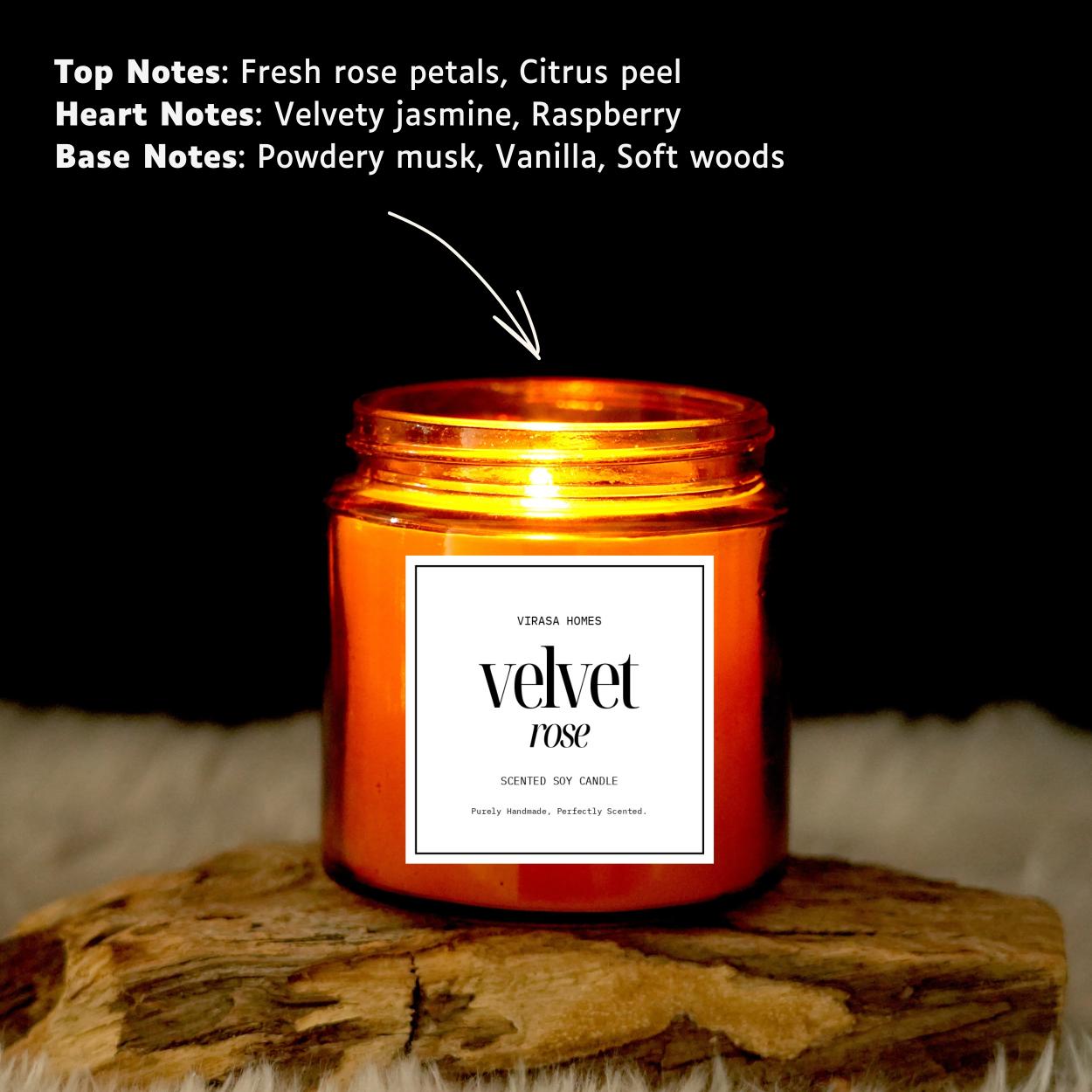 Virasa Homes Velvet Rose Scented Candle | 8.3oz Natural 250ml Soy Wax Aromatherapy Candles | 50 Hours Long-Lasting Burn Time | Vegan | Meditation
