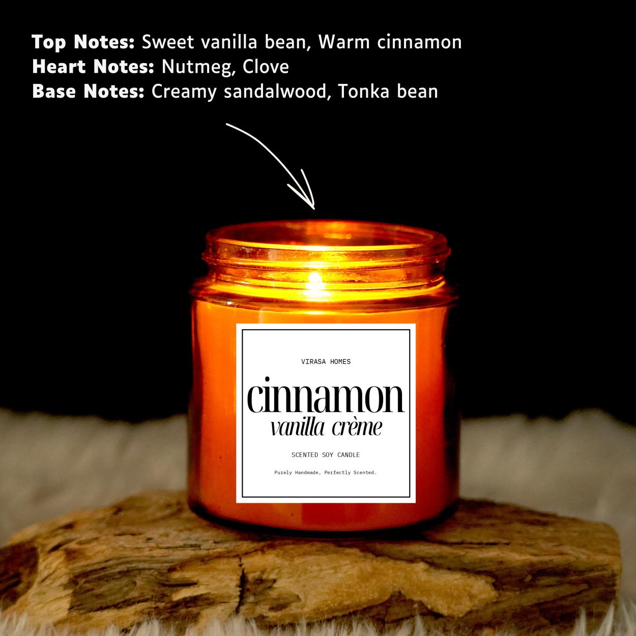 Virasa Homes Cinnamon Vanilla Scented Candle | 8.3oz Natural 250ml Soy Wax Aromatherapy Candles | 50 Hours Long-Lasting Burn Time | Vegan | Meditation