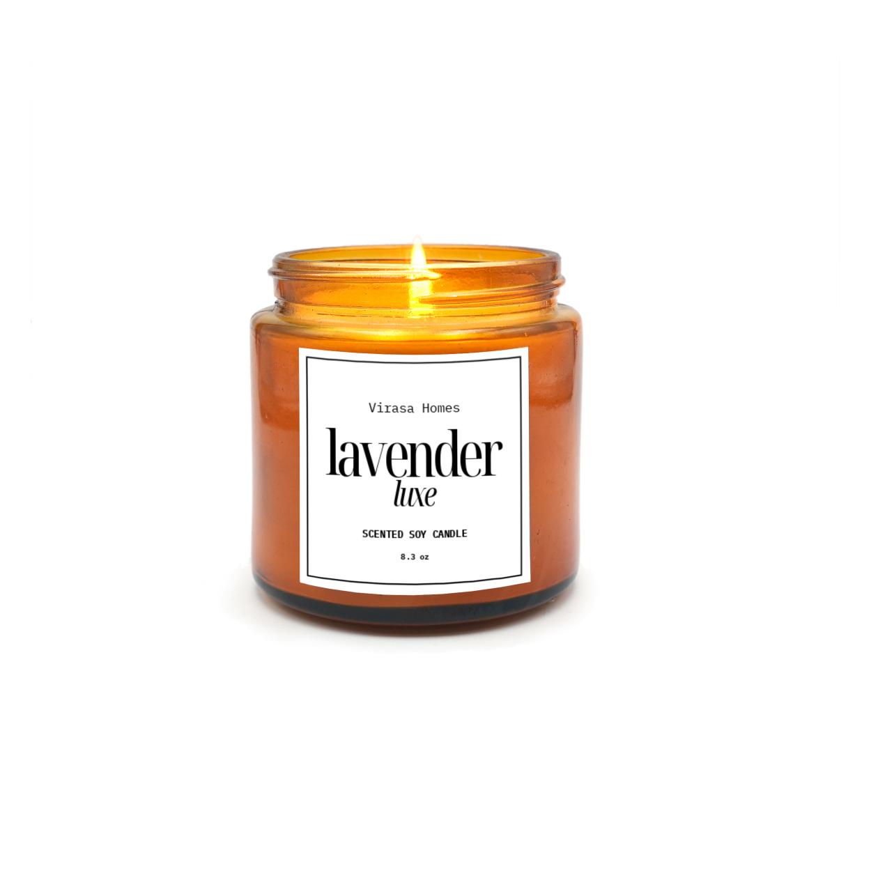 Virasa Homes Lavender Luxe Scented Candle | 8.3oz Natural 250ml Soy Wax Aromatherapy Candles | 50 Hours Long-Lasting Burn Time | Vegan | Meditation