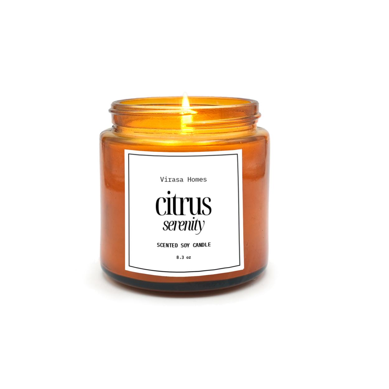 Virasa Homes Citrus Serenity Scented Candle | 8.3oz Natural 250ml Soy Wax Aromatherapy Candles | 50 Hours Long-Lasting Burn Time | Vegan | Meditation