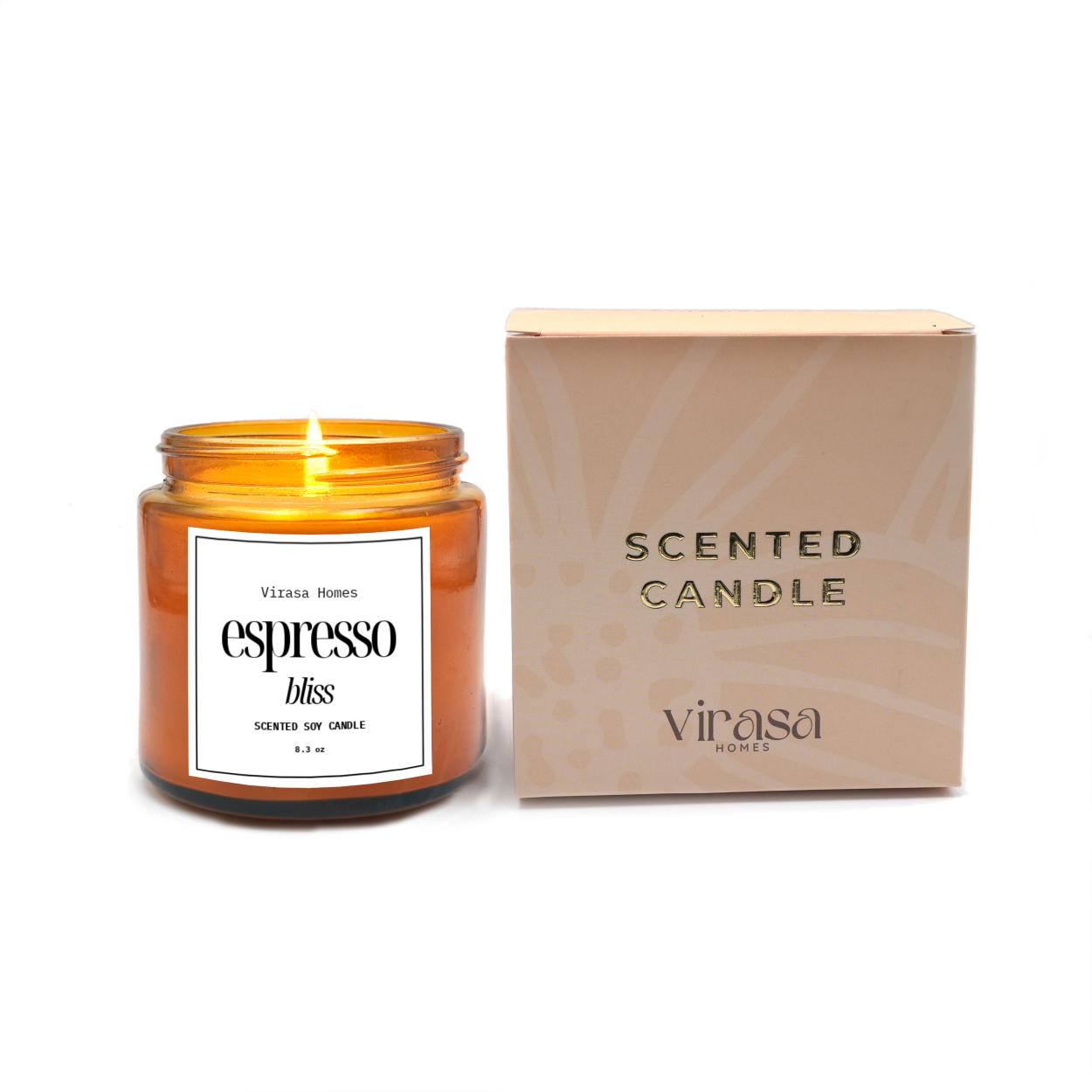 Virasa Homes Espresso Bliss Scented Candle | 8.3oz Natural 250ml Soy Wax Aromatherapy Candles | 50 Hours Long-Lasting Burn Time | Vegan | Meditation