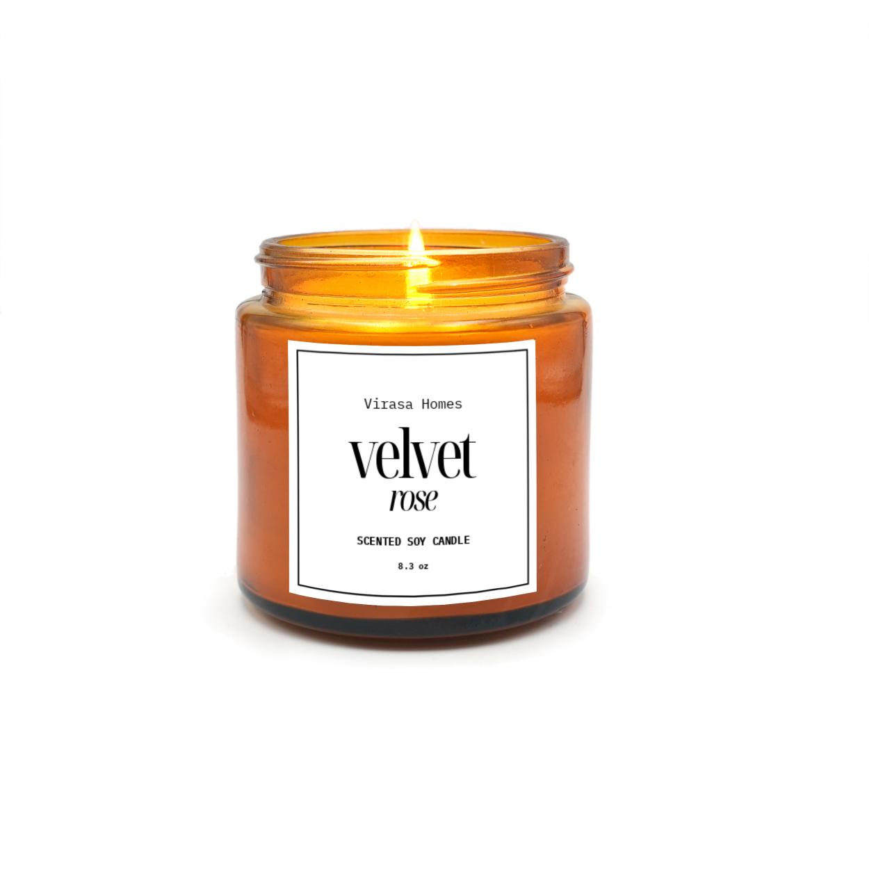Virasa Homes Velvet Rose Scented Candle | 8.3oz Natural 250ml Soy Wax Aromatherapy Candles | 50 Hours Long-Lasting Burn Time | Vegan | Meditation