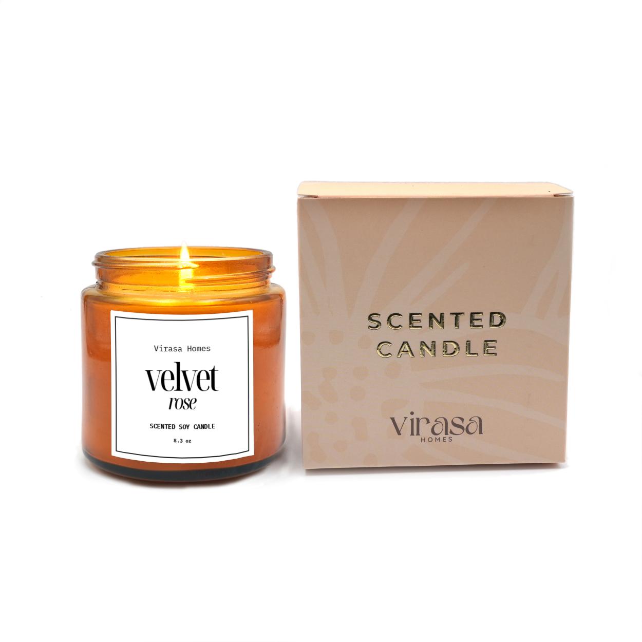 Virasa Homes Velvet Rose Scented Candle | 8.3oz Natural 250ml Soy Wax Aromatherapy Candles | 50 Hours Long-Lasting Burn Time | Vegan | Meditation