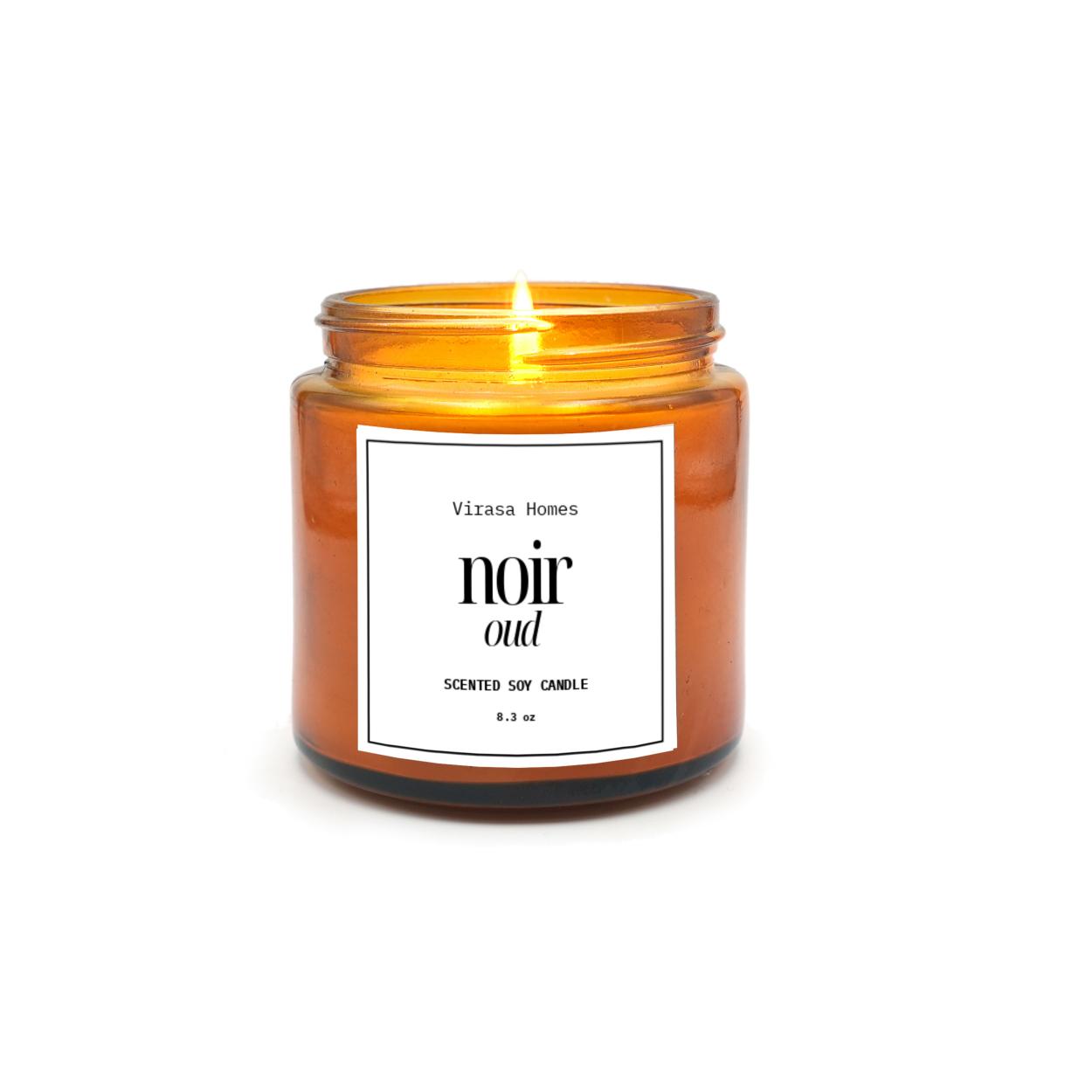 Virasa Homes Noir Oud Scented Candle | 8.3oz Natural 250ml Soy Wax Aromatherapy Candles | 50 Hours Long-Lasting Burn Time | Vegan | Meditation
