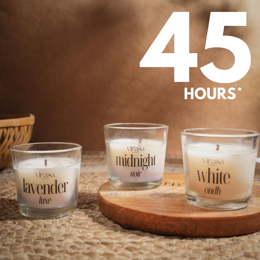 Virasa Homes Soy Wax Fragrance Votive Glass Candles | 2.2oz Pack of 3 Smokeless Scented Candles | 45 Hours Burn Time Candle (Lavender Luxe, White Oudh, Midnight Noir)
