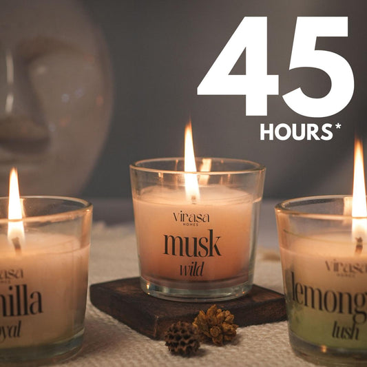 Virasa Homes Soy Wax Fragrance Votive Glass Candles | 2.2oz Pack of 3 Smokeless Scented Candles | 45 Hours Burn Time Candle (Vanilla Royal, Lemongrass Rush, Musk Wild)