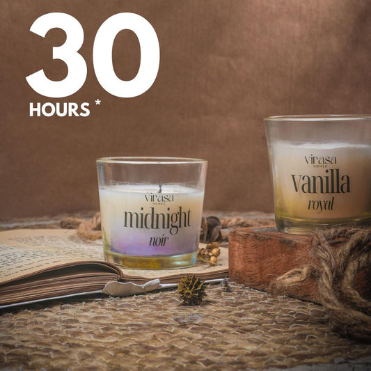 Virasa Homes Soy Wax Fragrance Votive Glass Candles | 2.2oz Pack of 2 Smokeless Scented Candles | 30 Hours Burn Time Candle (Midnight Noir, Vanilla Royal)