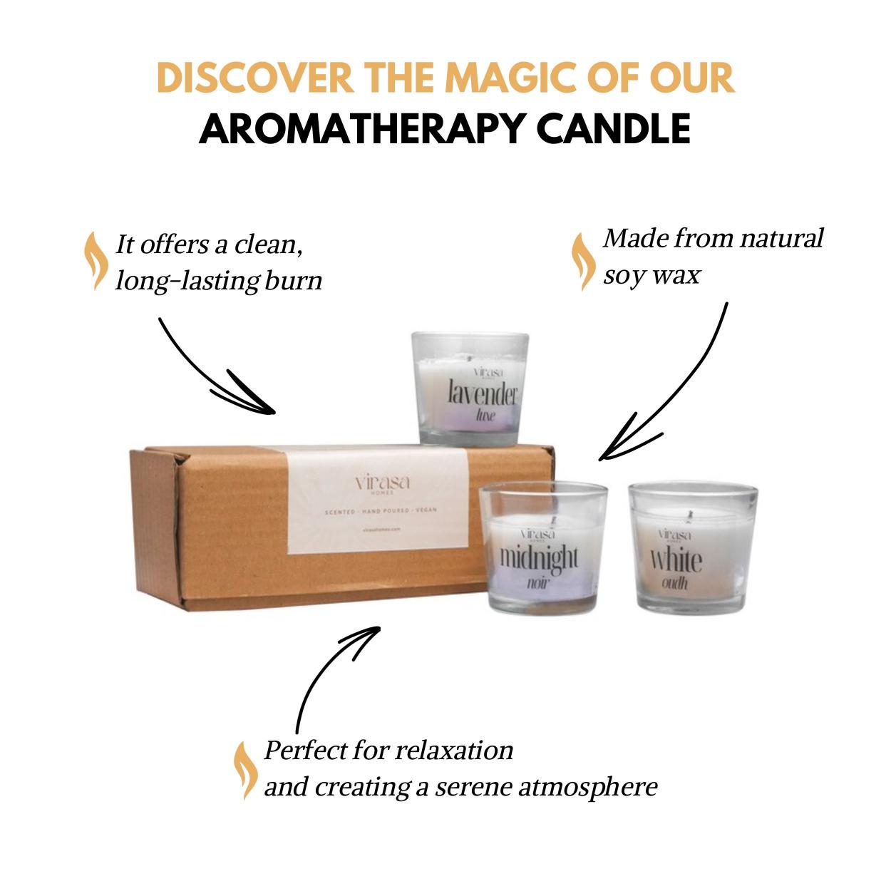 Virasa Homes Soy Wax Fragrance Votive Glass Candles | 2.2oz Pack of 3 Smokeless Scented Candles | 45 Hours Burn Time Candle (Lavender Luxe, White Oudh, Midnight Noir)