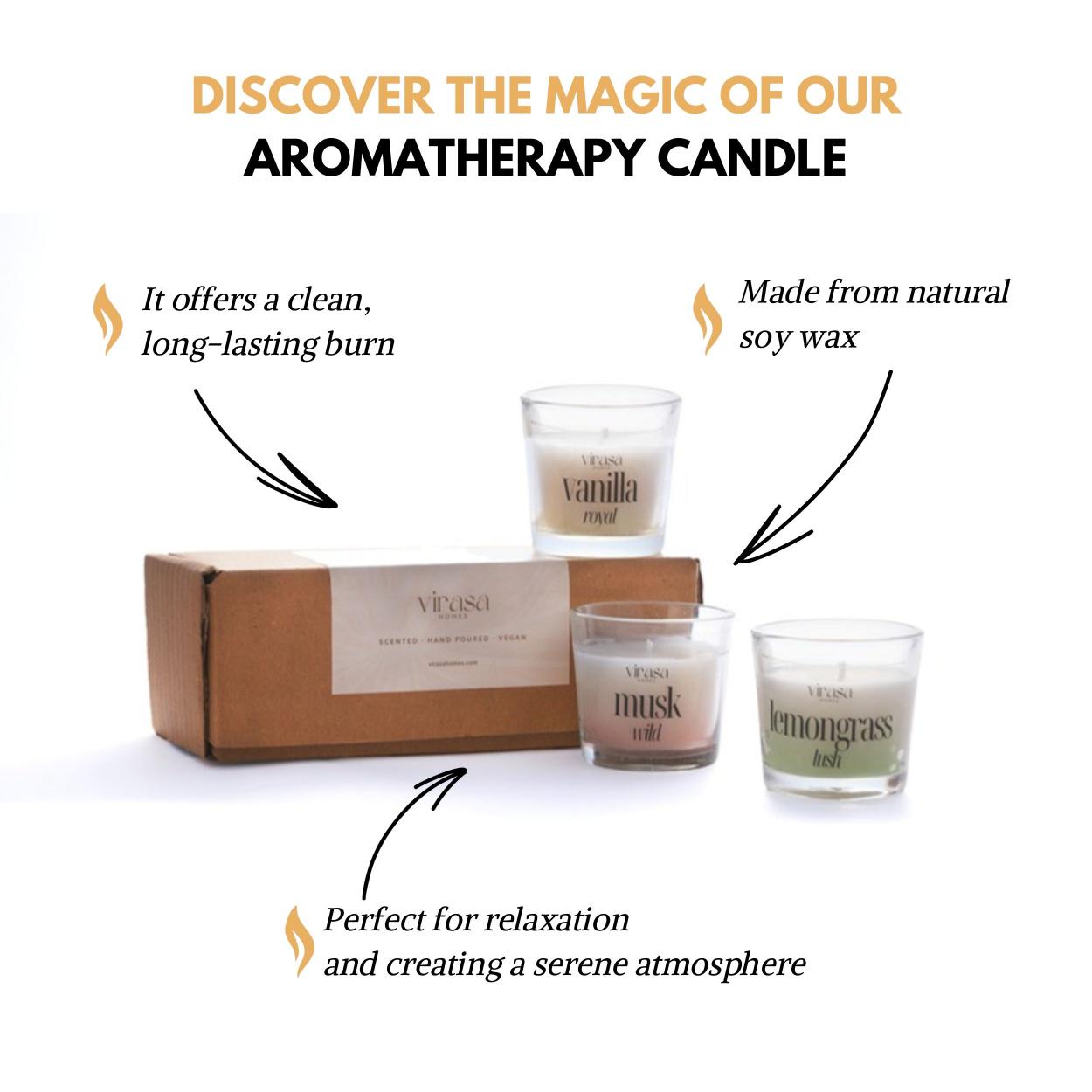 Virasa Homes Soy Wax Fragrance Votive Glass Candles | 2.2oz Pack of 3 Smokeless Scented Candles | 45 Hours Burn Time Candle (Vanilla Royal, Lemongrass Rush, Musk Wild)