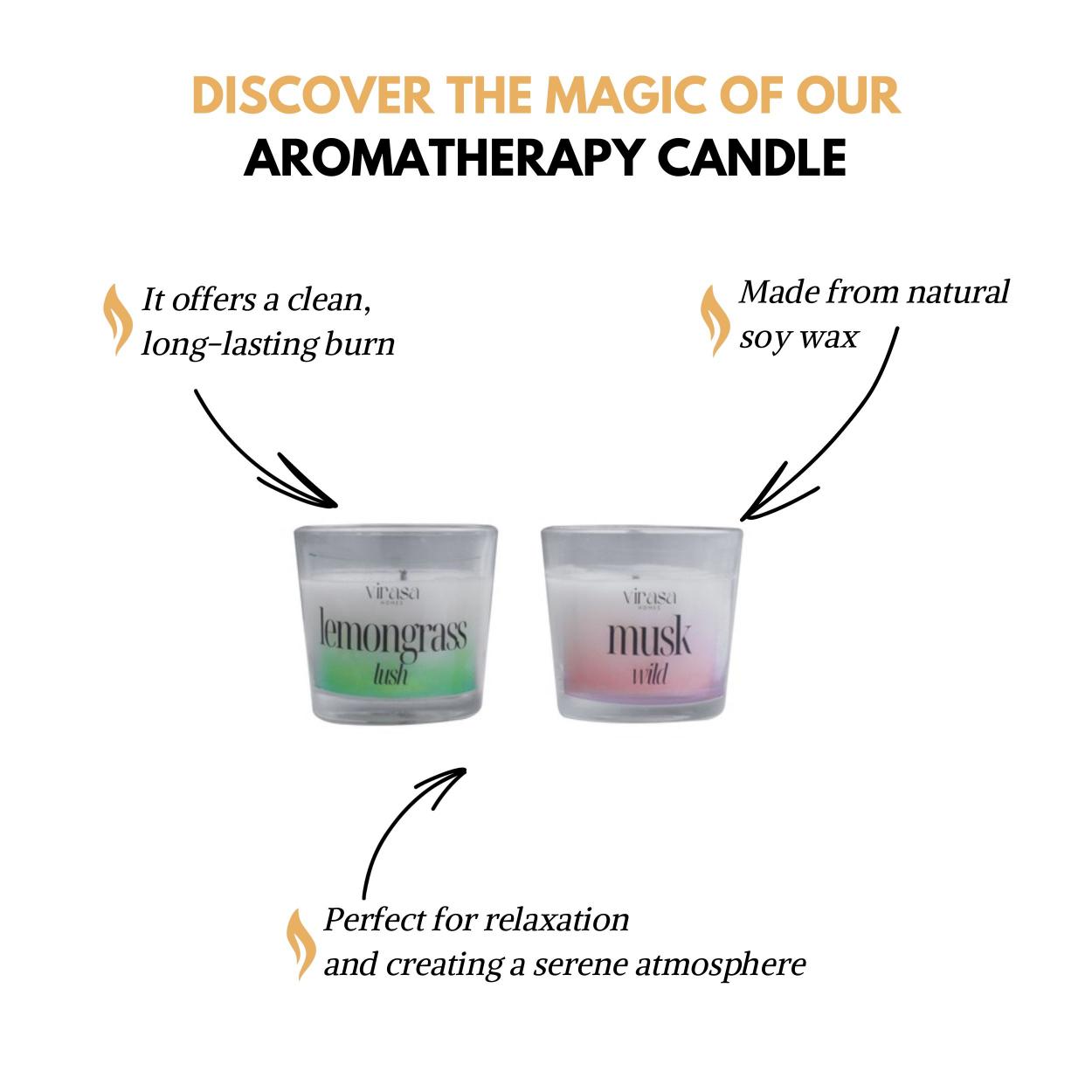 Virasa Homes Soy Wax Fragrance Votive Glass Candles | 2.2oz Pack of 2 Smokeless Scented Candles | 30 Hours Burn Time Candle (Lemongrass Rush, Musk Wild)