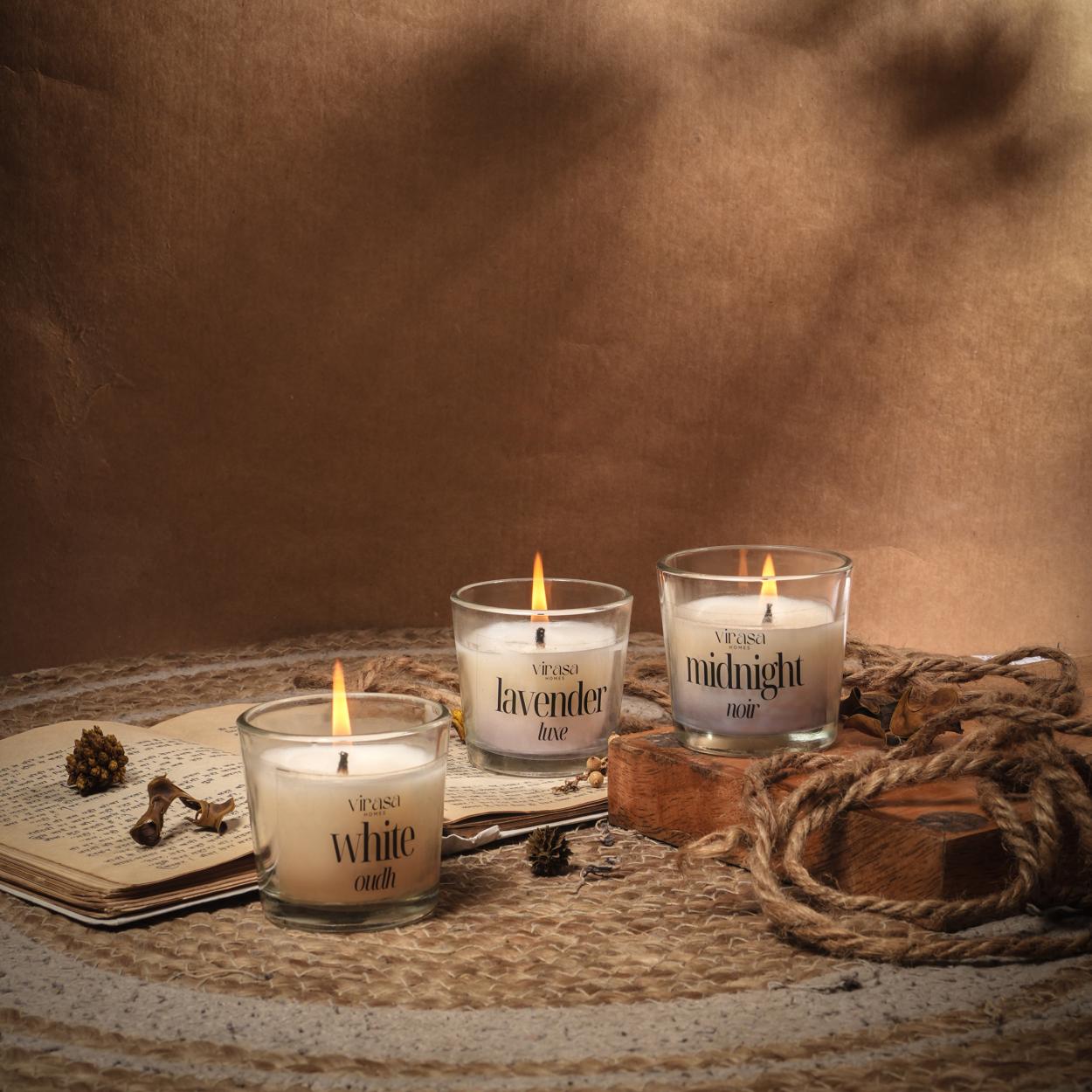 Virasa Homes Soy Wax Fragrance Votive Glass Candles | 2.2oz Pack of 3 Smokeless Scented Candles | 45 Hours Burn Time Candle (Lavender Luxe, White Oudh, Midnight Noir)