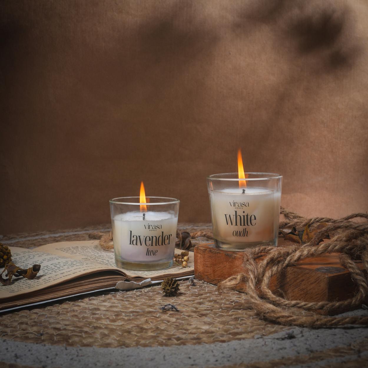 Virasa Homes Soy Wax Fragrance Votive Glass Candles | 2.2oz Pack of 2 Smokeless Scented Candles | 30 Hours Burn Time Candle (Lavender Luxe, White Oudh)