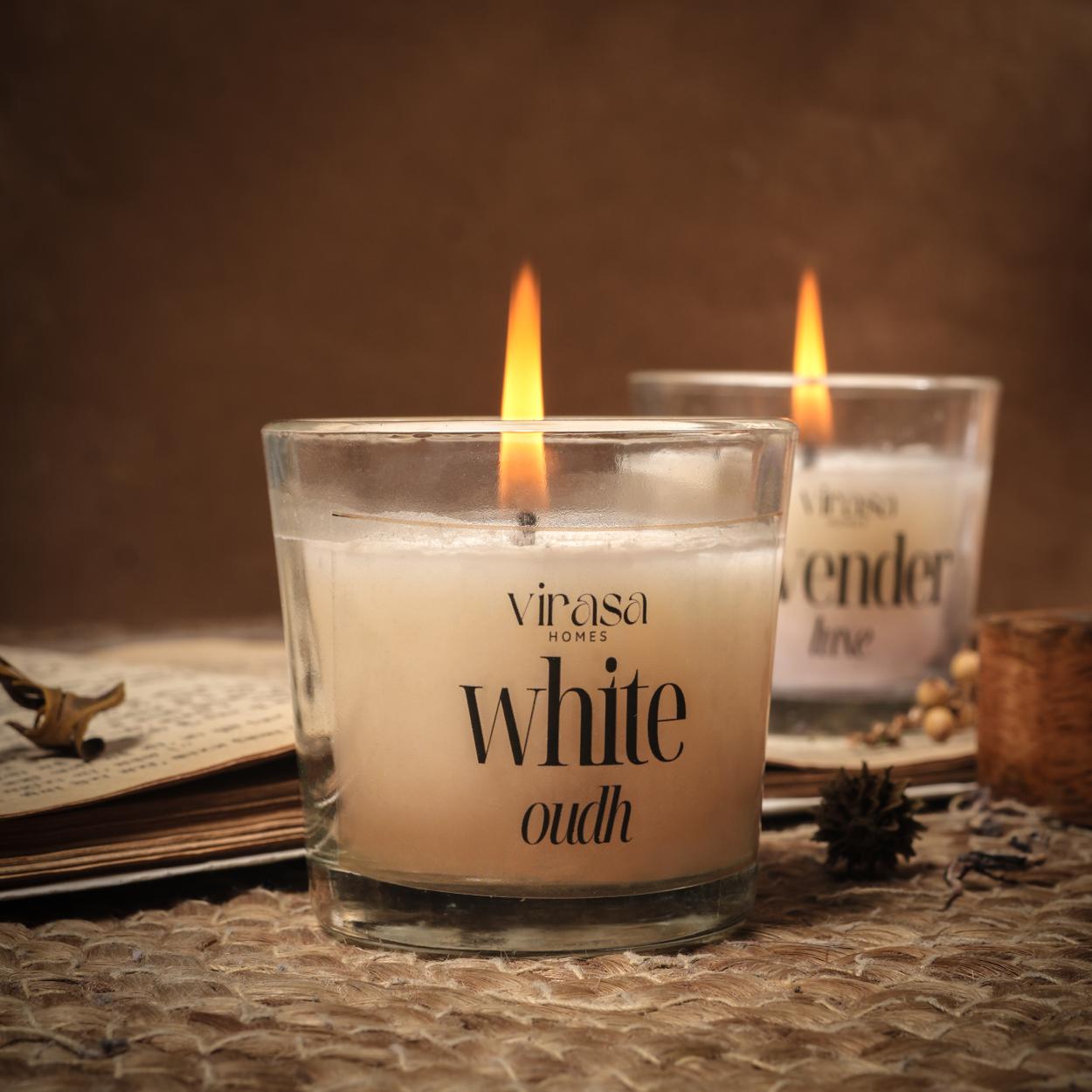 Virasa Homes Soy Wax Fragrance Votive Glass Candles | 2.2oz Pack of 3 Smokeless Scented Candles | 45 Hours Burn Time Candle (Lavender Luxe, White Oudh, Midnight Noir)