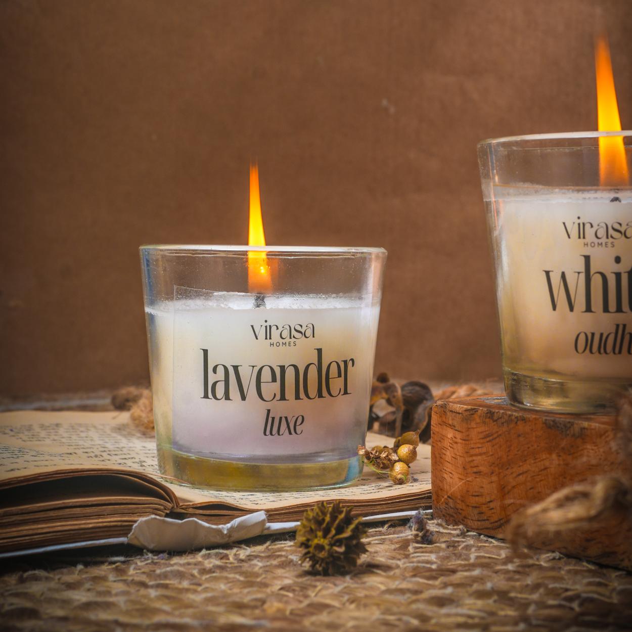 Virasa Homes Soy Wax Fragrance Votive Glass Candles | 2.2oz Pack of 2 Smokeless Scented Candles | 30 Hours Burn Time Candle (Lavender Luxe, White Oudh)