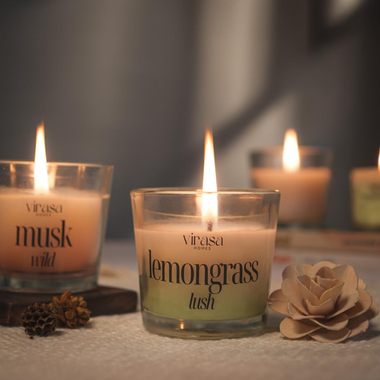 Virasa Homes Soy Wax Fragrance Votive Glass Candles | 2.2oz Pack of 3 Smokeless Scented Candles | 45 Hours Burn Time Candle (Vanilla Royal, Lemongrass Rush, Musk Wild)