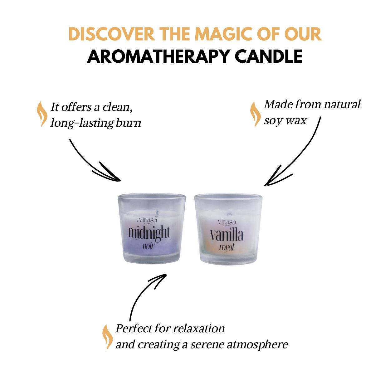Virasa Homes Soy Wax Fragrance Votive Glass Candles | 2.2oz Pack of 2 Smokeless Scented Candles | 30 Hours Burn Time Candle (Midnight Noir, Vanilla Royal)
