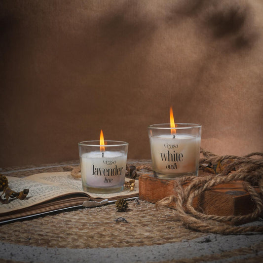 Virasa Homes Soy Wax Fragrance Votive Glass Candles | 2.2oz Pack of 2 Smokeless Scented Candles | 30 Hours Burn Time Candle (Lavender Luxe, White Oudh)
