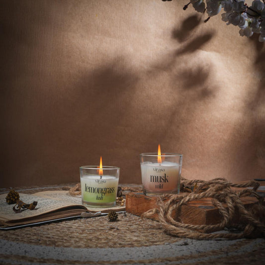 Virasa Homes Soy Wax Fragrance Votive Glass Candles | 2.2oz Pack of 2 Smokeless Scented Candles | 30 Hours Burn Time Candle (Lemongrass Rush, Musk Wild)