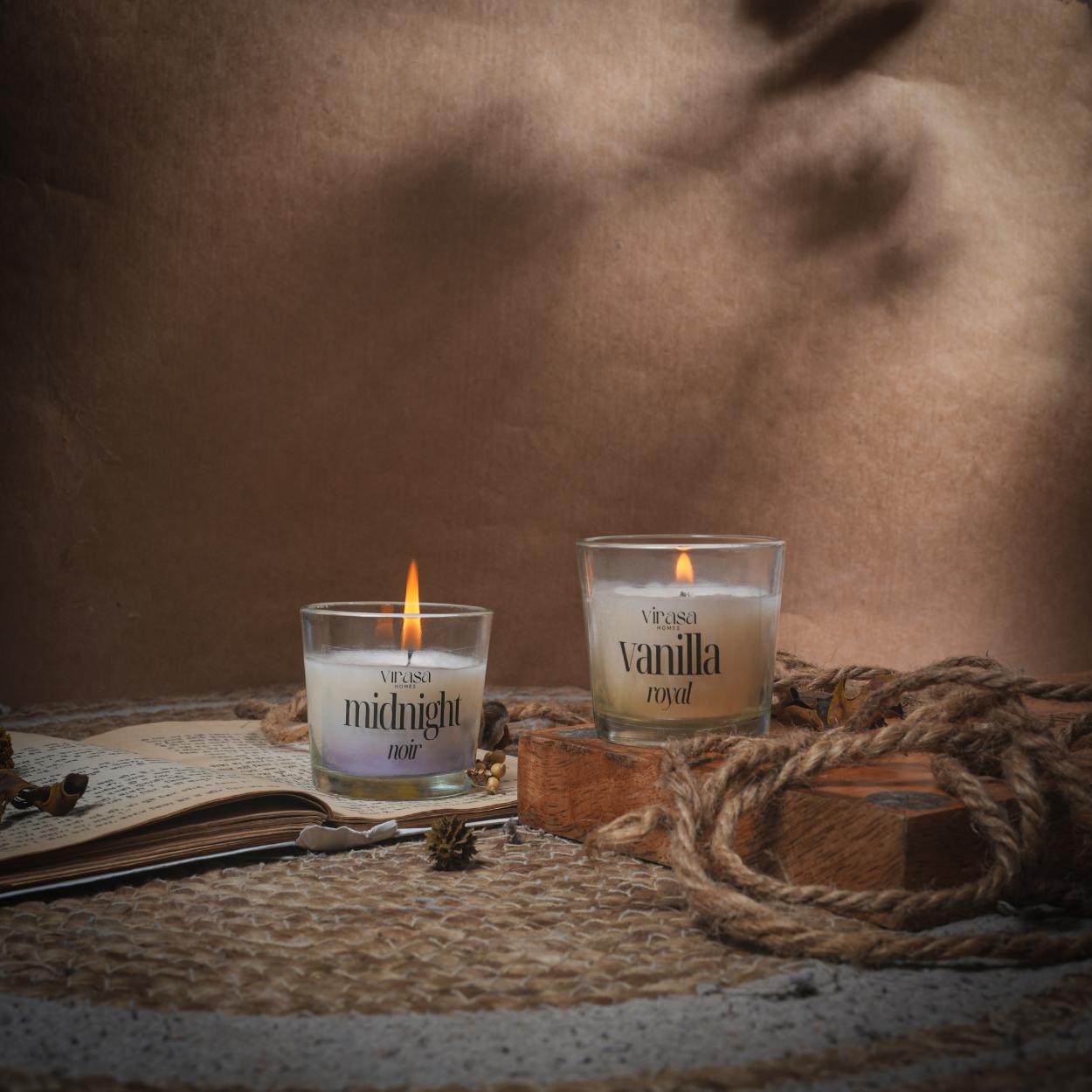 Virasa Homes Soy Wax Fragrance Votive Glass Candles | 2.2oz Pack of 2 Smokeless Scented Candles | 30 Hours Burn Time Candle (Midnight Noir, Vanilla Royal)